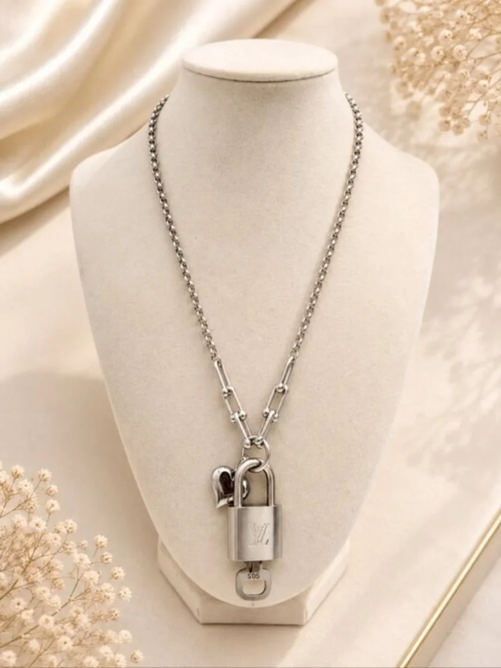 Stainless Steel Silver-Plated Necklace + Authentic Louis Vuitton Lock Pendant